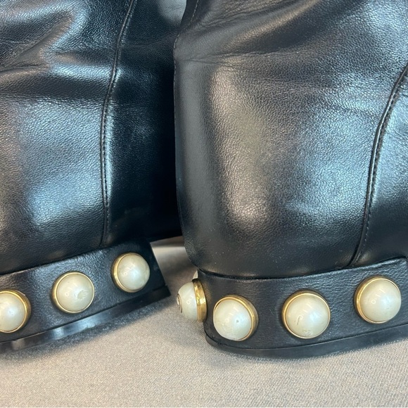 GUCCI ‘Jem’ black leather faux Pearl red blue white velvet stripe riding boot 39 - Picture 8 of 15
